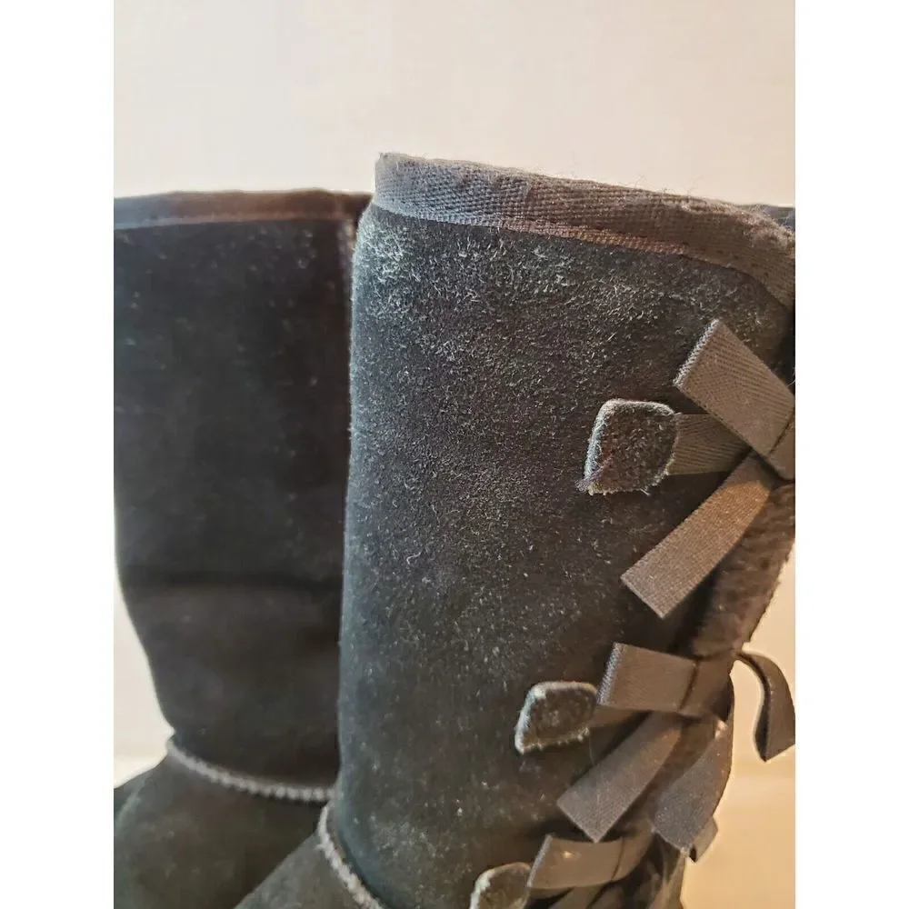 Koolaburra By Ugg Victoria Tall Boots Size 4 Youth Black Sheepskin Bows 1020171